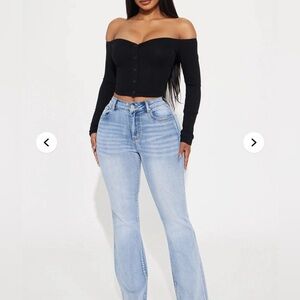 Fashion Nova Black Ribbed Button-Up Top